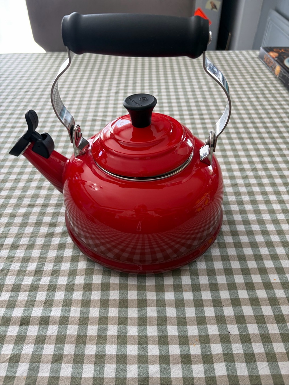 Le Creuset Red Enamel Whistling Kettle with Black Handle